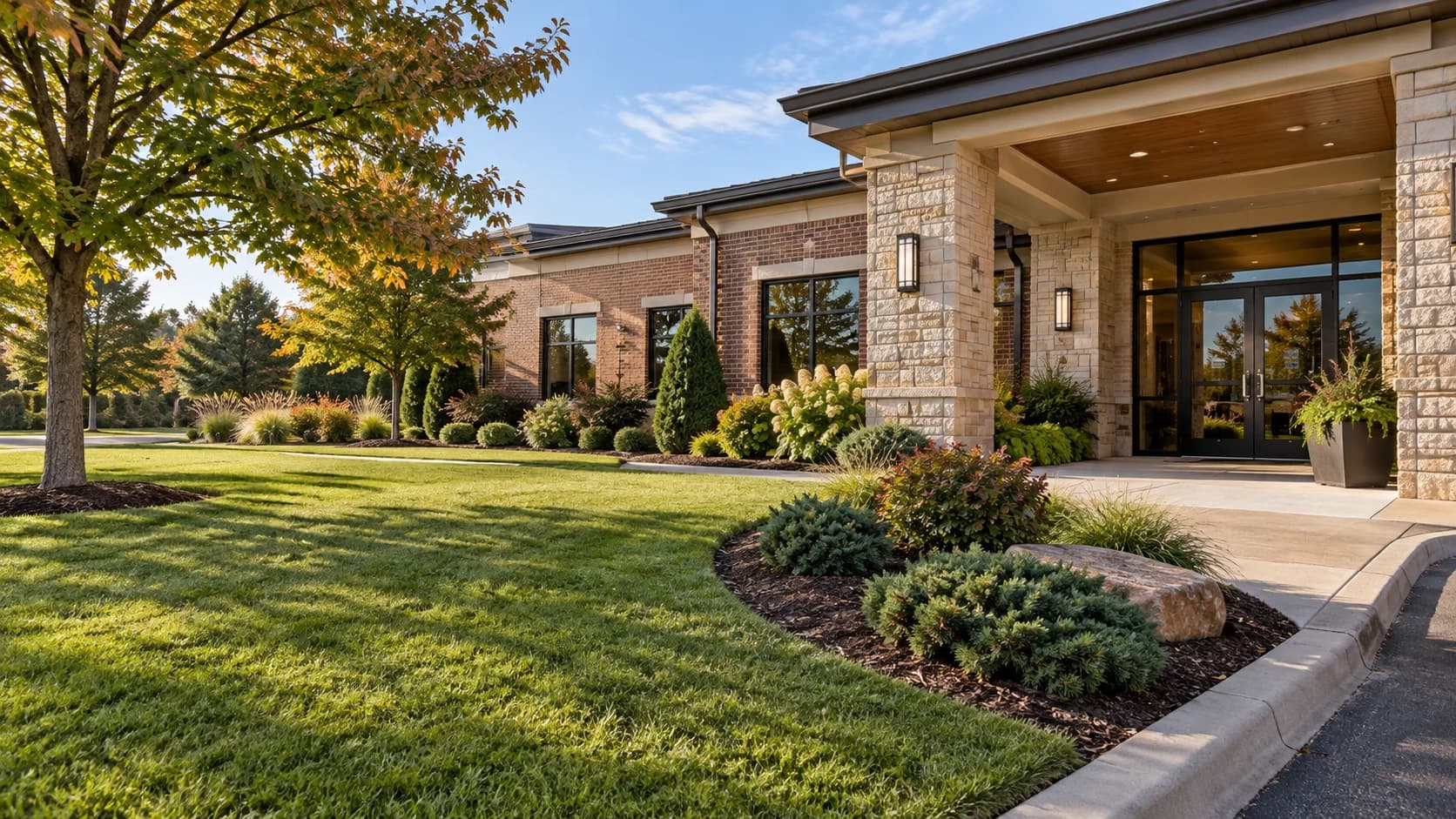 Brick and stone office entrance framed by lawn, ornamental grasses and maintained beds.