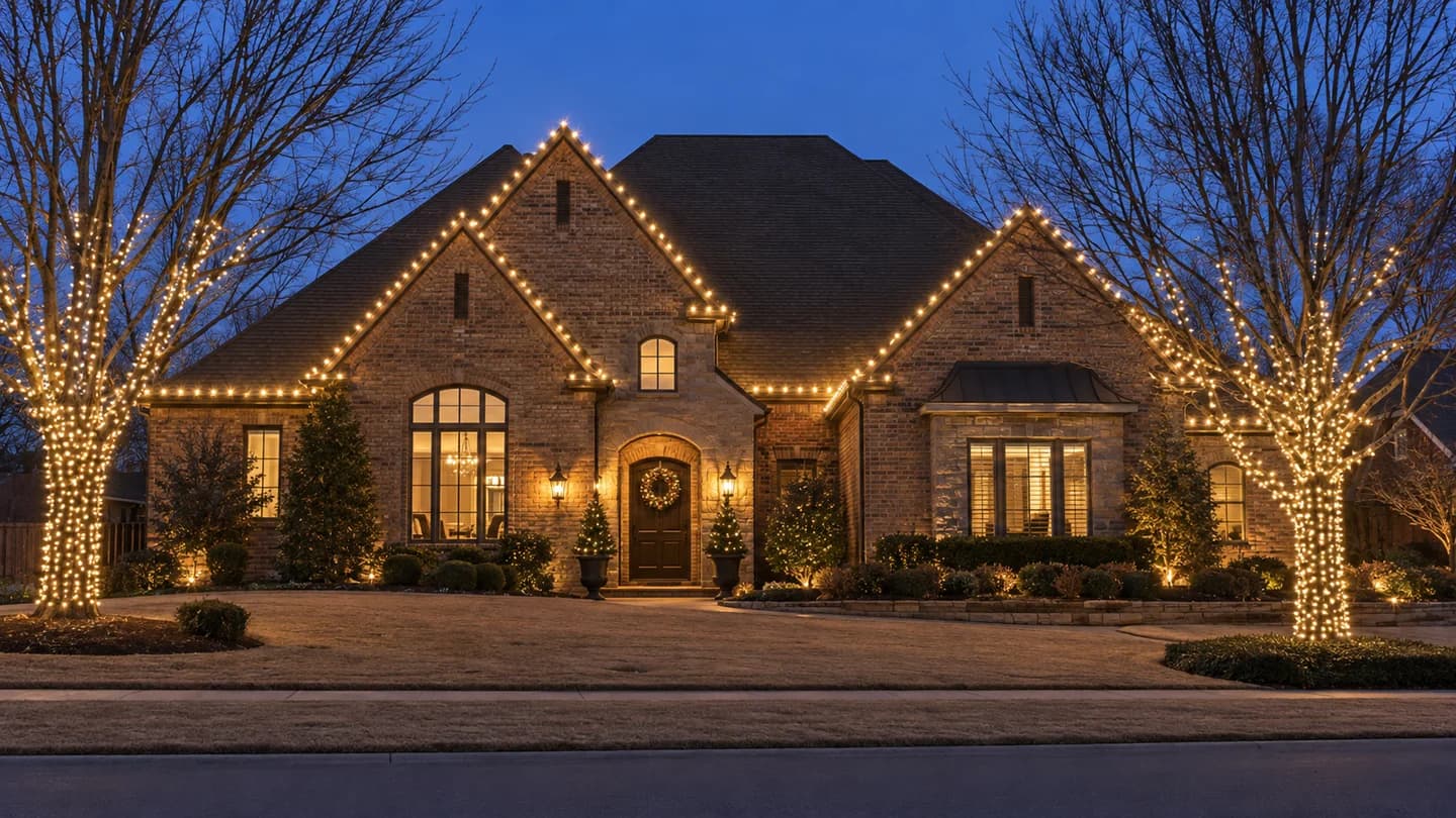 Lighting inspiration: a brick home with warm-white roofline lights and trees wrapped in matching lights at dusk.