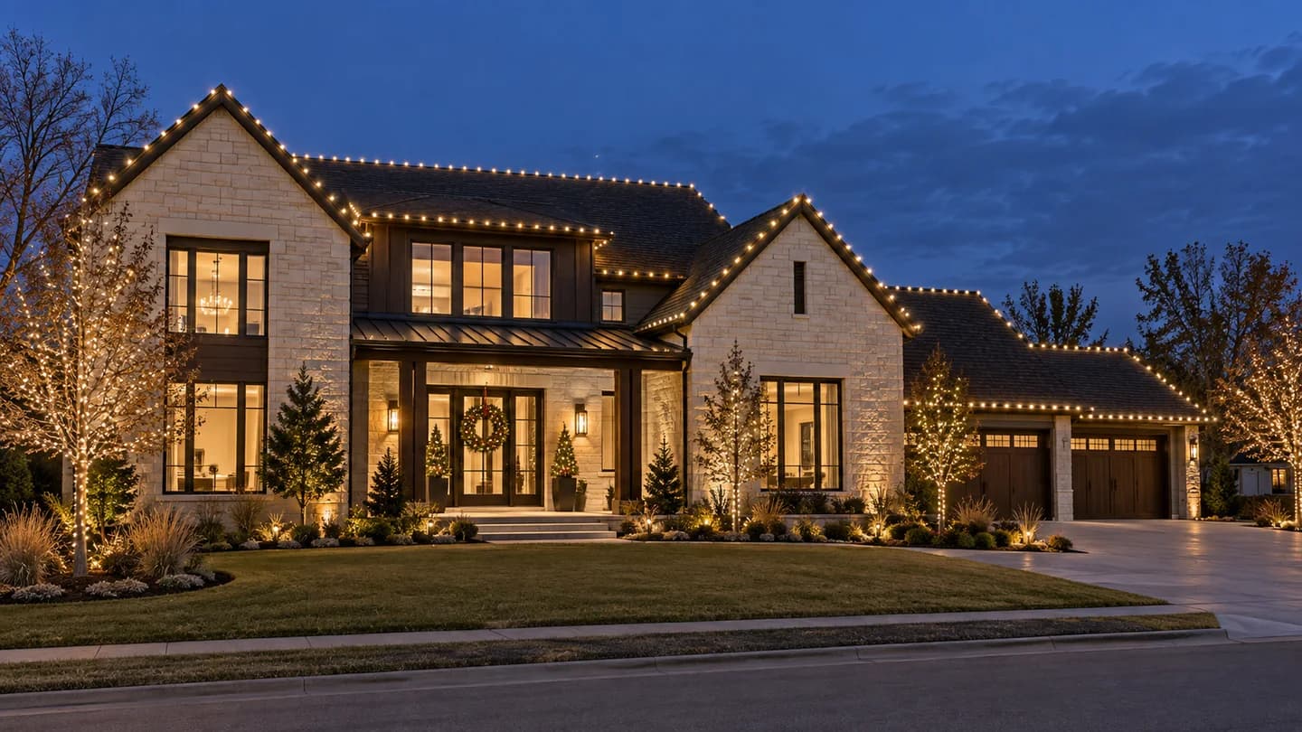 Brick and stone home outlined with warm-white Christmas lights at dusk.