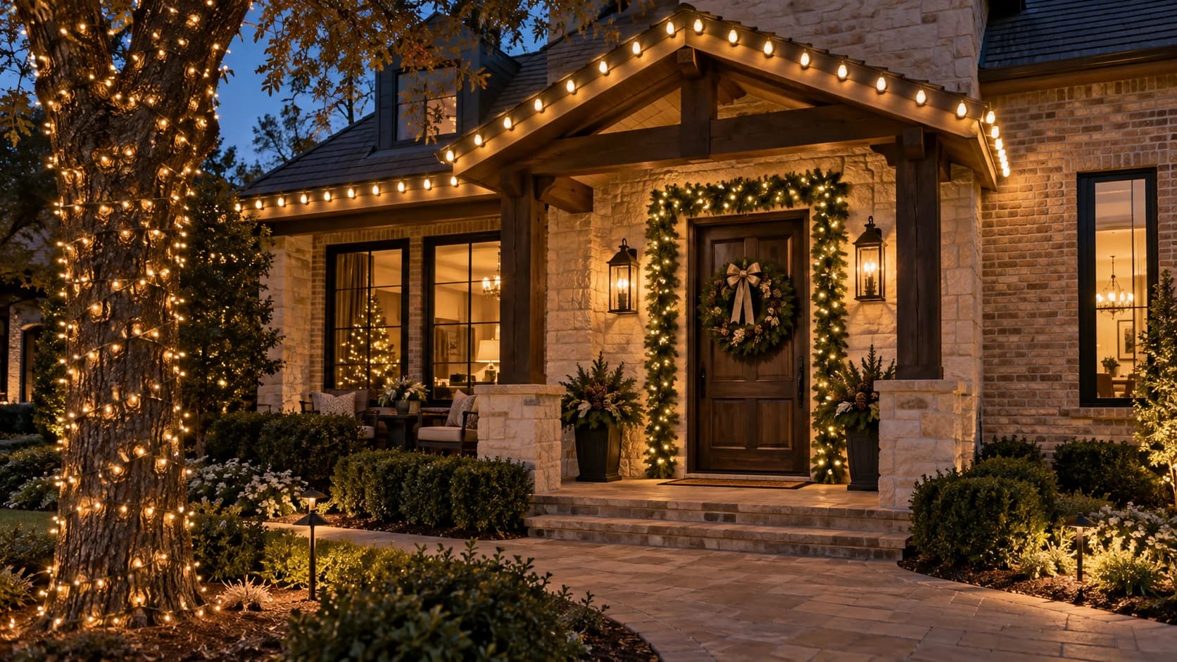 Warm-white porch roofline, garland-framed doorway and wrapped tree at blue hour.