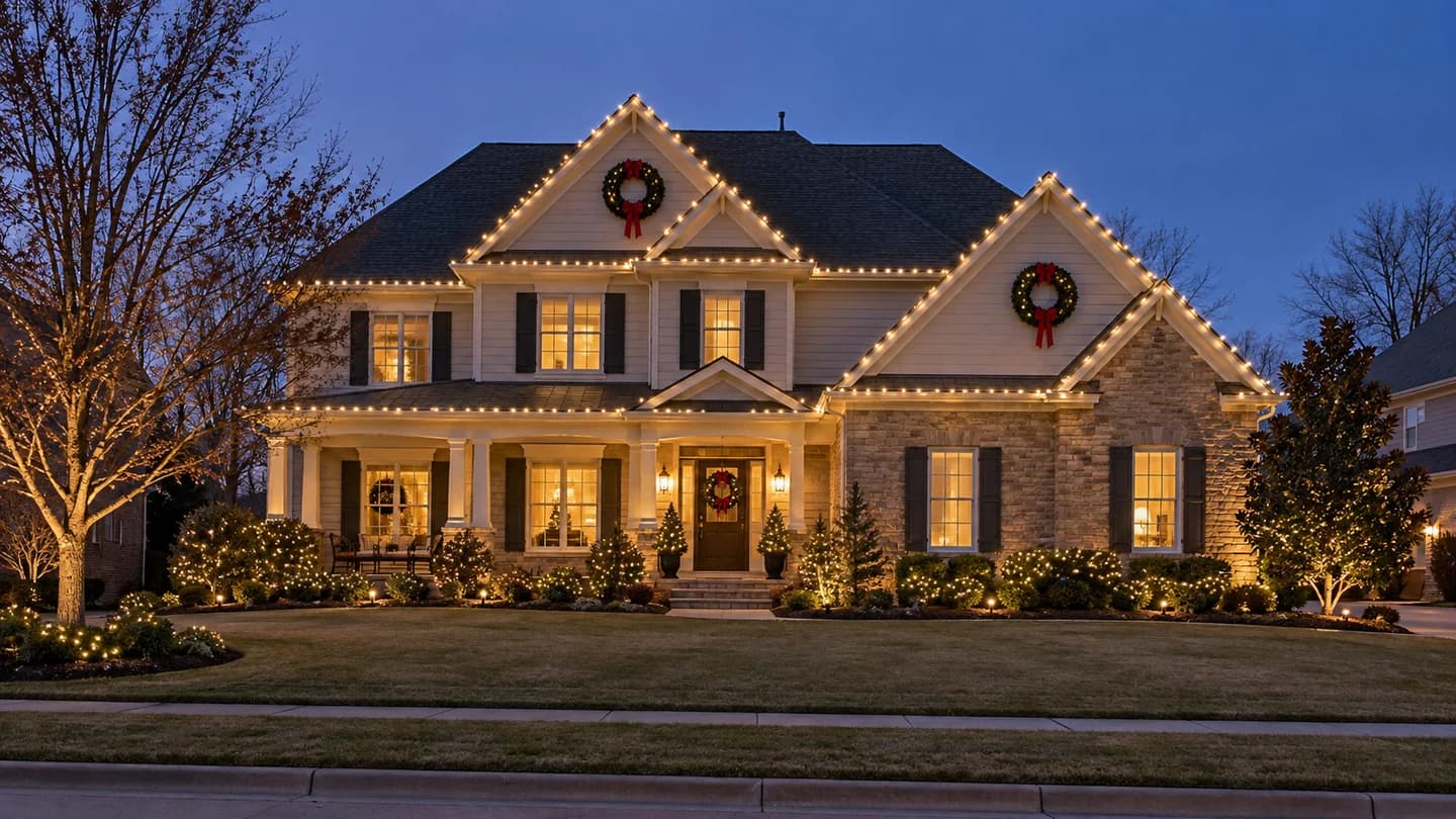 Traditional white home with warm-white lighting and holiday wreaths.