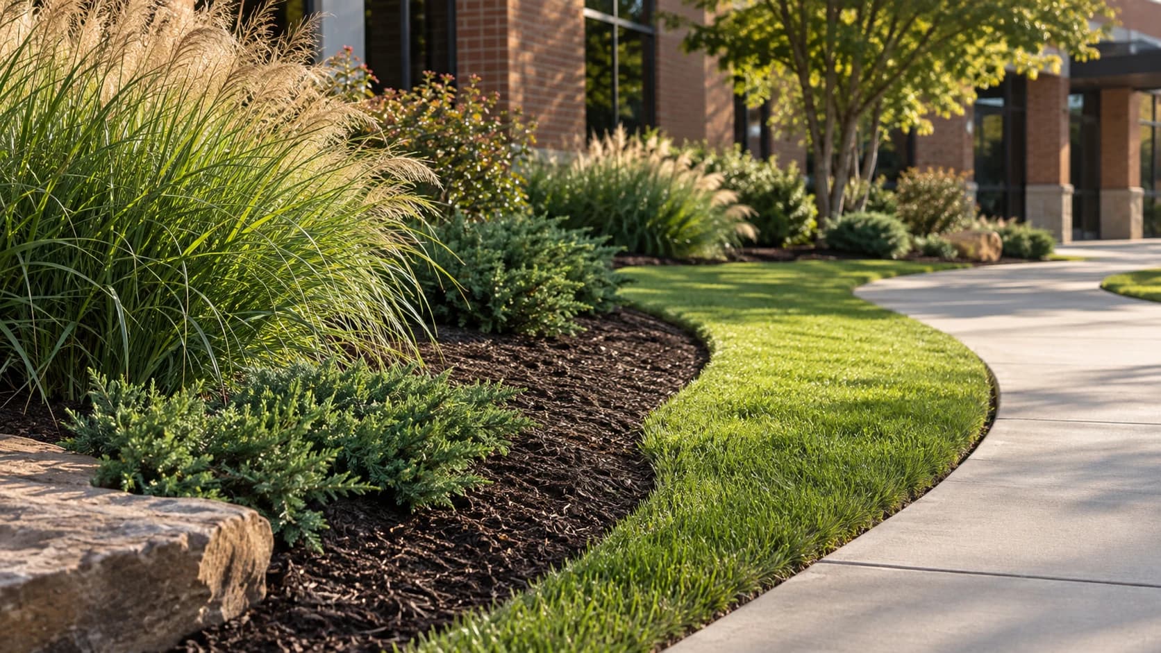 Clean lawn edge, mulched planting bed and ornamental grasses beside a sidewalk.
