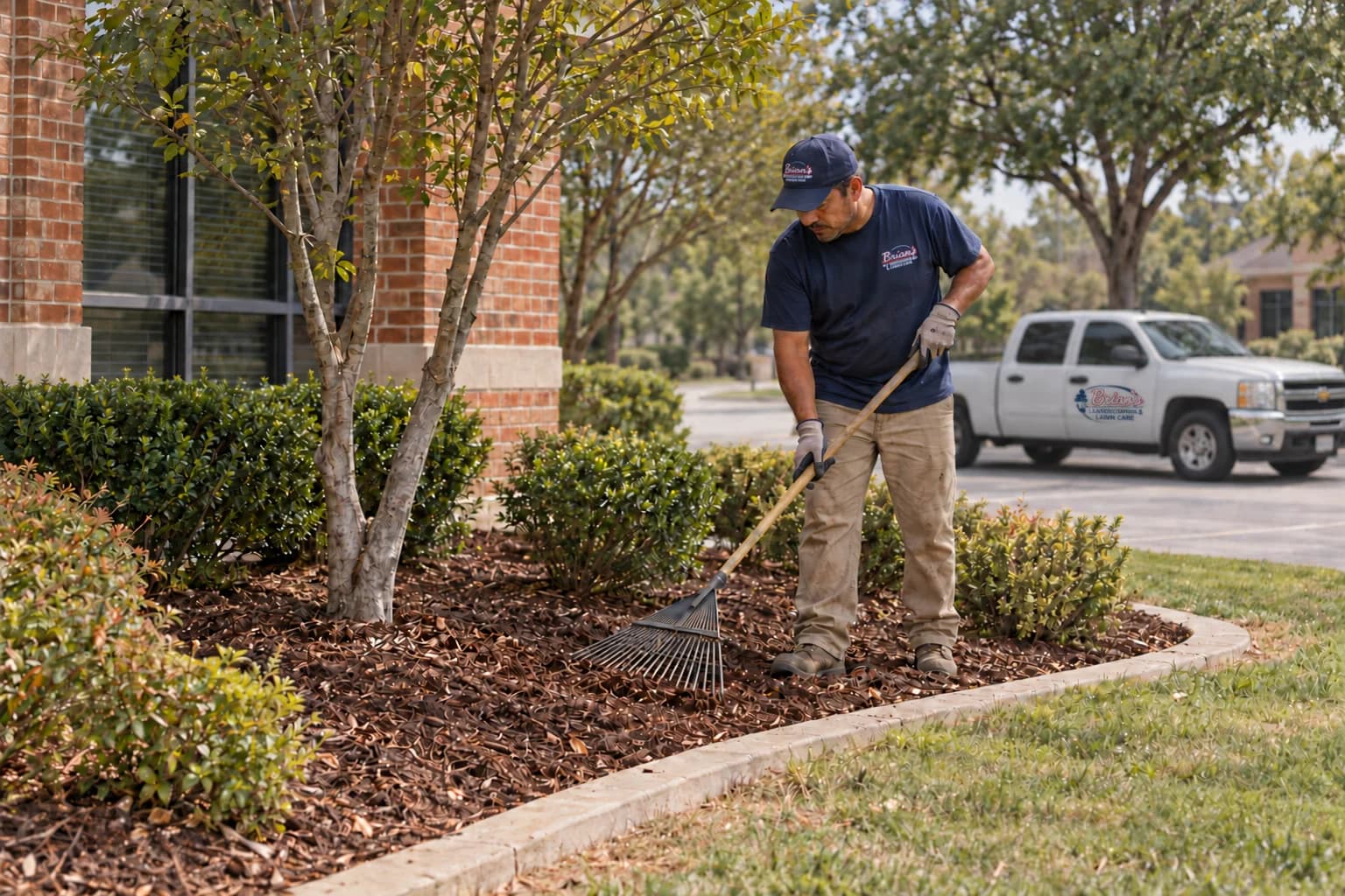 Landscaper tending an office planting bed with a branded white Silverado parked in the background.