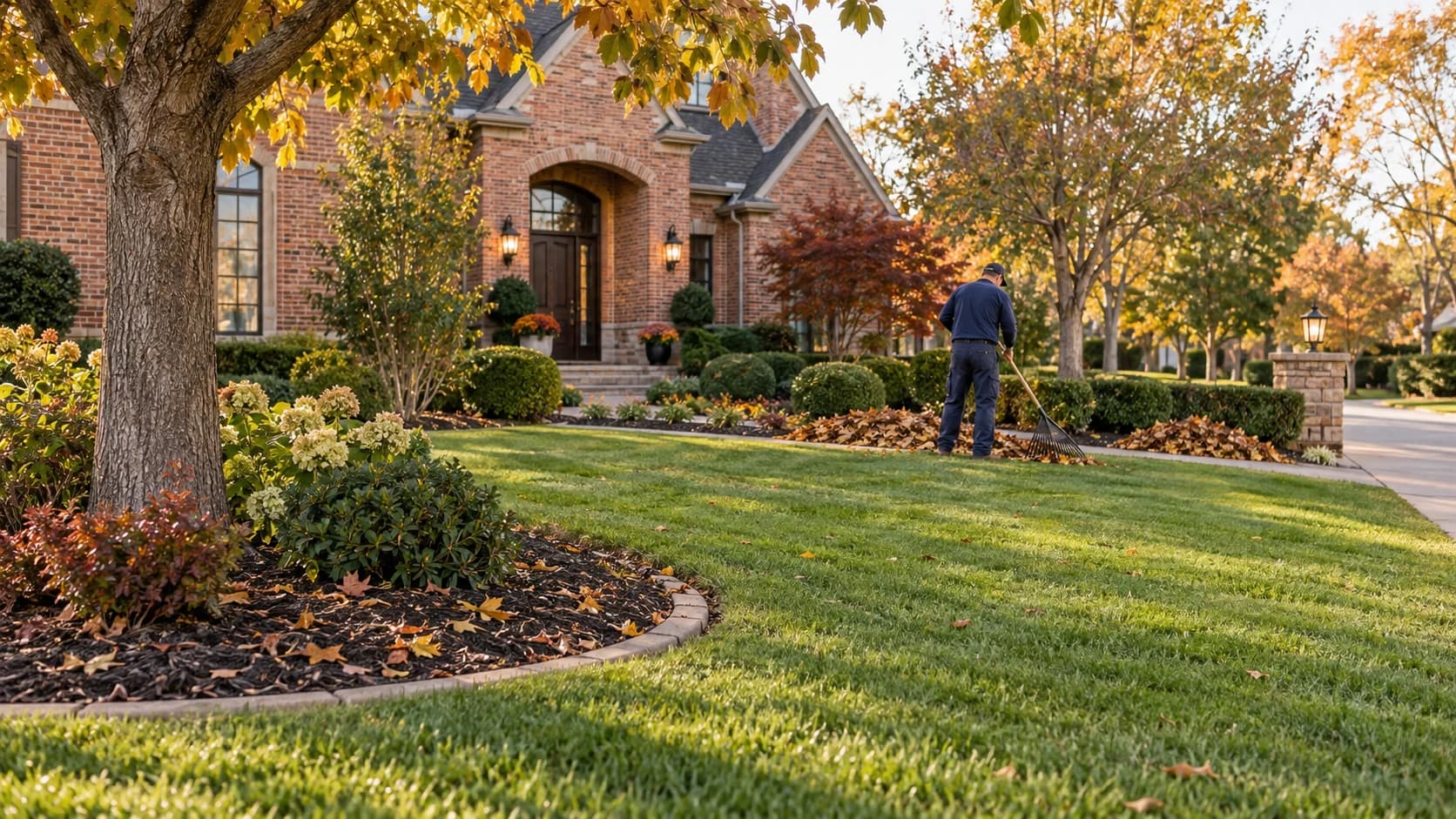 Autumn cleanup with leaves being gathered beside a brick home