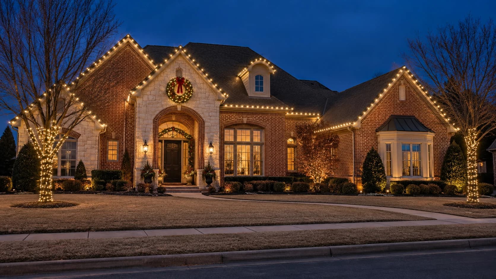 AI-rendered Oklahoma-style brick and stone home with warm-white roofline lights, a wreath and softly lit trees at dusk