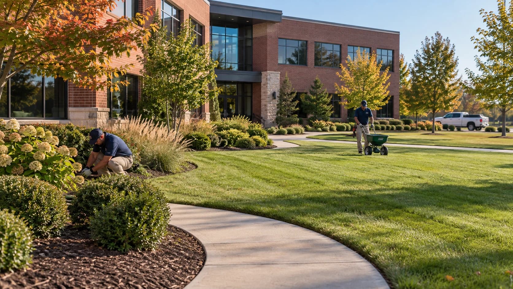 AI-rendered office landscape concept with defined lawn edges, maintained beds and two anonymous grounds workers