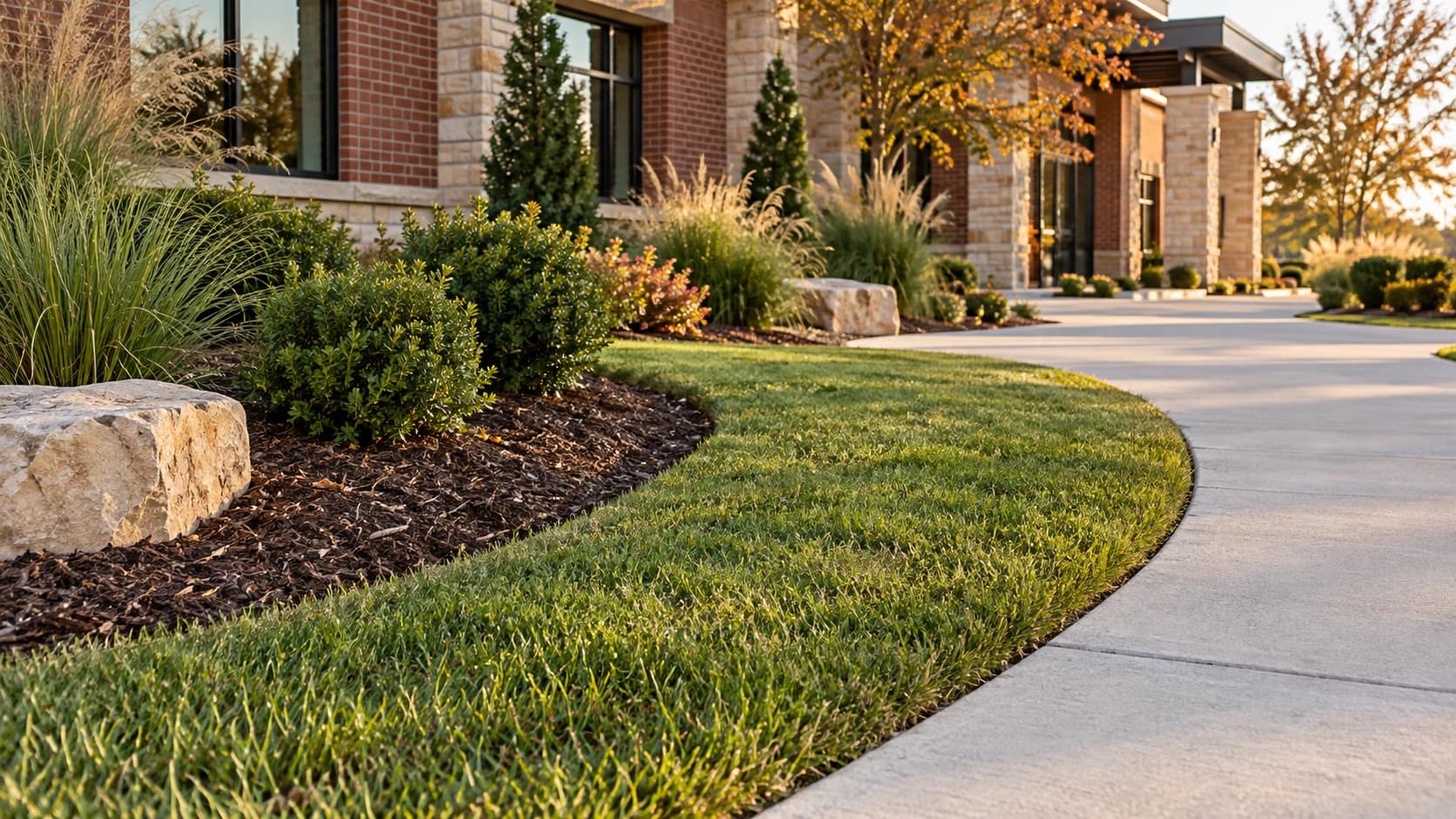 AI-rendered commercial landscape with a defined curved lawn edge, hardwood mulch, shrubs and ornamental grasses