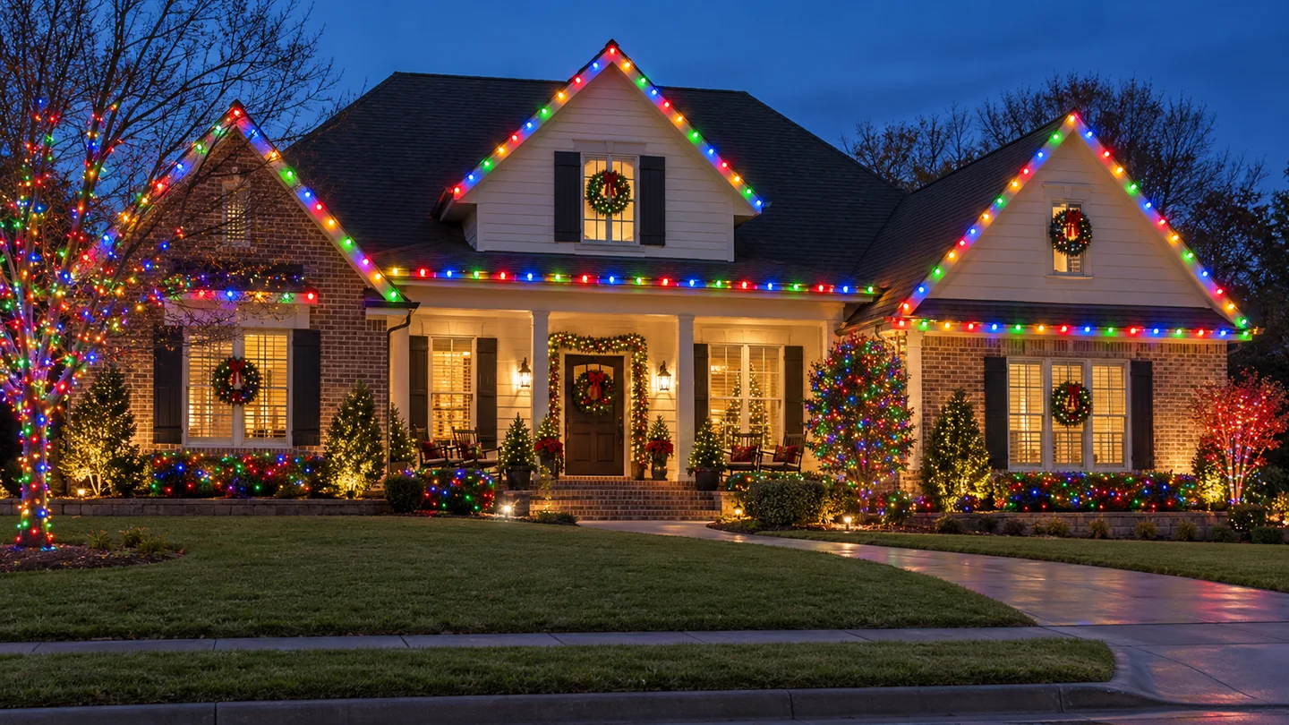 Lighting inspiration: a traditional home with multicolor roofline lights, decorated trees and coordinated shrubs at dusk.