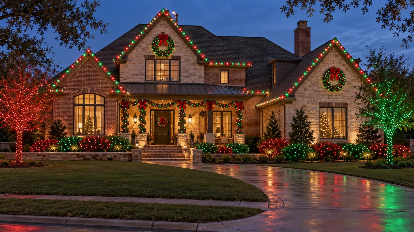 Lighting inspiration: a brick and stone home with red-and-green roofline lights, wreaths and coordinated trees.