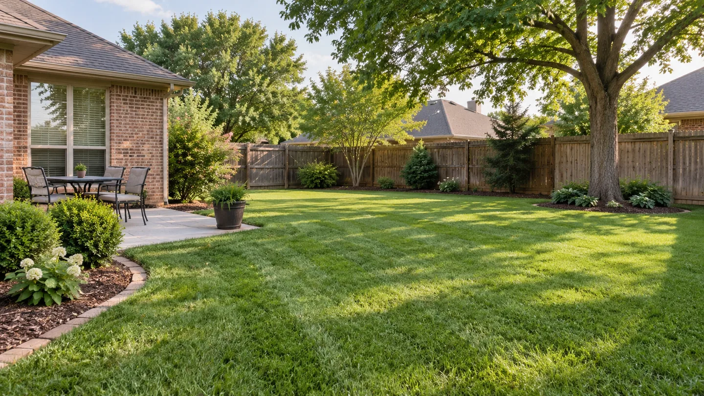 Service illustration of a cared-for residential lawn and landscape beds