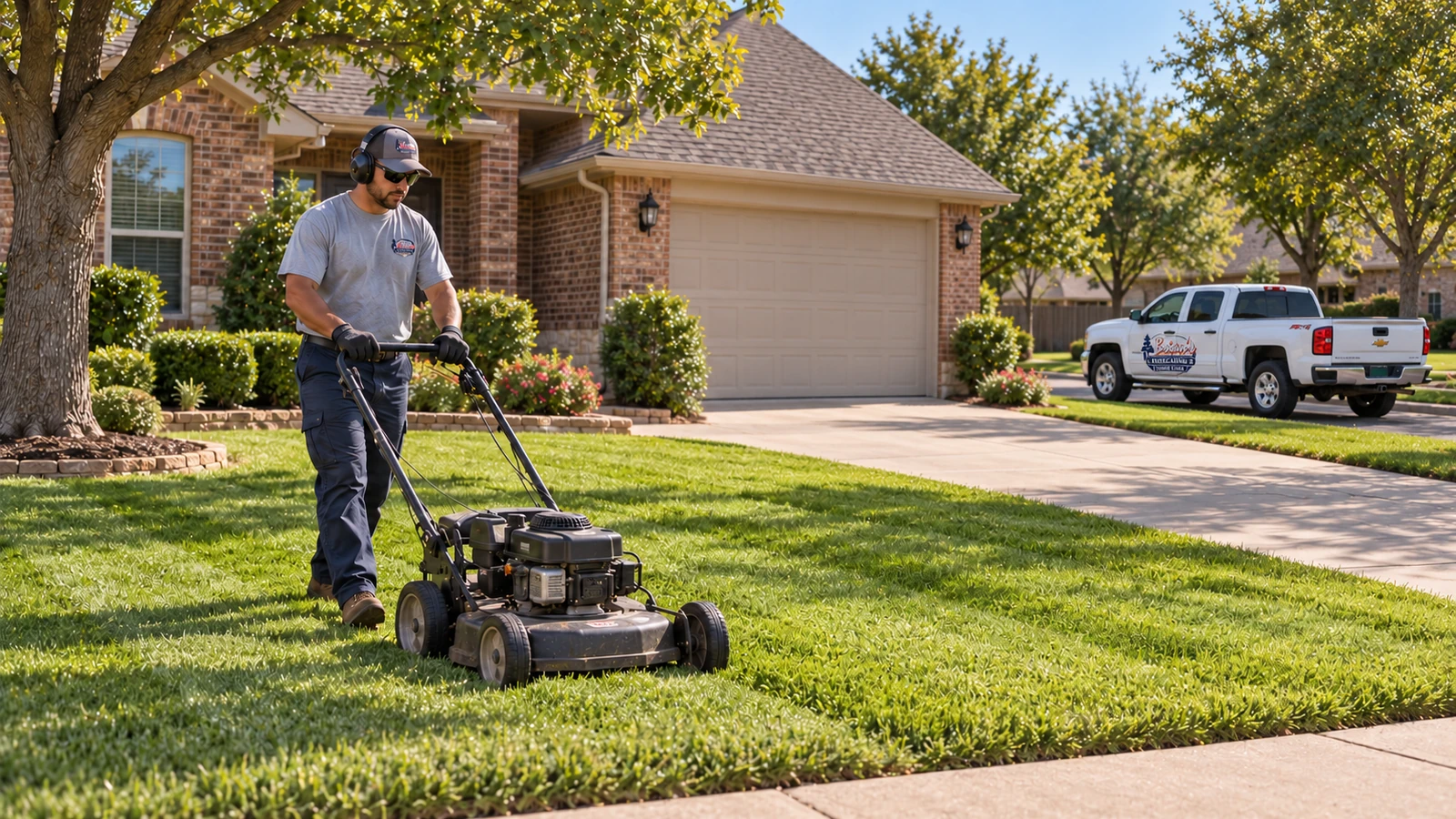 Lawn-care worker pushing a four-wheel mower across a green front lawn beside a brick home, with Brian’s branded older white Silverado parked by the street with the driveway clear.